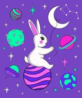 Cute white rabbit in open space. cartoon vector illustration