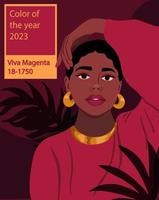 Viva magenta trending color of 2023. Vector poster with beautiful black woman