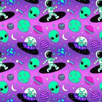 Astronauts and Alien in space cartoon vector illustration. Space travel and exploration seamless pattern