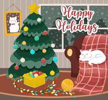 tarjeta de felicitación felices fiestas con un árbol de navidad y un gato dormido en una habitación acogedora vector