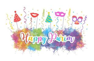 tarjeta de felicitación festiva judía feliz purim. símbolos tradicionales del carnaval de purim elementos de diseño de acuarela vector