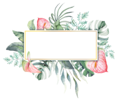 Tropical leaves,anthurium background.Frame leaves with watercolor.Botanical background and wallpaper.Perfect for invitation and weddings.