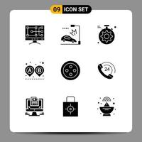 9 Thematic Vector Solid Glyphs and Editable Symbols of communication stud gear sew route Editable Vector Design Elements