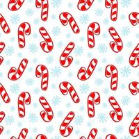 Christmas season seamless pattern with red candy and snowflakes. Cartoon vector background. Wrapping or scrapbook paper design.