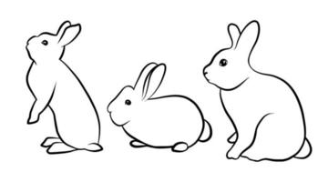 Silhouettes of rabbits isolated on a white background. Black outline bunny icon set. vector