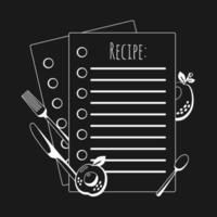 diseño de plantilla de dibujo de fideos de pizarra de recetas. icono de la página del libro culinario de alimentos aislado sobre fondo blanco. concepto de cocina. vector