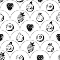 Abstract fruit and berry seamless pattern. Linear fabric print template. Vector illustration, geometric shape in a row. Vintage wallpaper design. Sweet food sketch drawing.