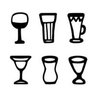 conjunto de iconos de gafas de alcohol de contorno vectorial. tipos de vasos de bebidas alcohólicas. elementos de diseño para menús, pubs, postales, publicidad. varios vasos para bebidas alcohólicas al estilo garabato vector