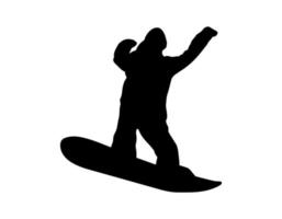 persona simple vectorial en forma de sombra de silueta de snowboard, icono negro plano aislado en el fondo blanco. elemento de diseño del emblema del logotipo. juego de deportes de invierno y actividad de ocio. vector