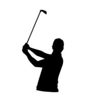 Golf player person silhouette. Vector simple shadow shape, flat black icon isolated on white backround. Logo emblem design element. Sportive man, playing sport game.