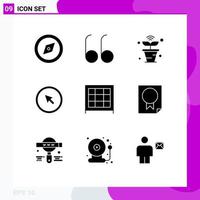 Modern Set of 9 Solid Glyphs Pictograph of furniture bookcase things pointer mouse Editable Vector Design Elements