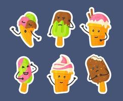 conjunto de coloridos personajes de helado. lindos y divertidos personajes de helado, conos, helado con rostros humanos sonrientes, ilustración vectorial de dibujos animados, aislado en fondo azul. vector