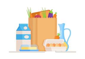 ilustración vectorial de una bolsa de supermercado aislada en un fondo blanco. comprando verduras frescas, huevos, lácteos y demás. vector