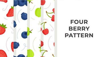 A pattern of four types of berries.  Vector illustration of a print of apples, blueberries, strawberries and cherries or cherries. Seamless four berry patterns.