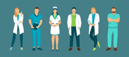 Vector set of doctors in white coats. Representatives of medical professions of men and women. Isolated characters.