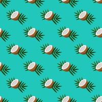 Seamless pattern with coconuts and tropical leaves. Vector infinite pattern with palm nuts on a summer blue background.