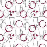 Pattern Viva Magenta color 2023 wine stain and drops with glasses for drinks and whiskey, red watercolor stains, hand drawn doodle. vector
