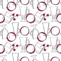 Pattern Viva Magenta color 2023 wine stain and drops with glasses for drinks and whiskey, red watercolor stains, hand drawn doodle. vector