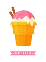 Vector illustration of strawberry and cinnamon ice cream isolated on a white background. Multicolored ball of sweet cinnamon ice cream in a waffle cup, with jam
