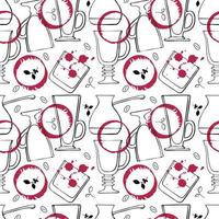 Pattern Viva Magenta color 2023 wine stain and drops with glasses for drinks and whiskey, red watercolor stains, hand drawn doodle. vector