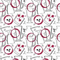 Pattern Viva Magenta color 2023 wine stain and drops with glasses for drinks and whiskey, red watercolor stains, hand drawn doodle. vector