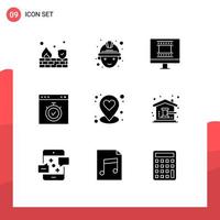 9 Solid Glyph concept for Websites Mobile and Apps pin heart photo frame time page Editable Vector Design Elements