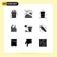 Mobile Interface Solid Glyph Set of 9 Pictograms of living smoke food factory building Editable Vector Design Elements