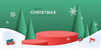 Basic 3d vector Merry Christmas and Happy New Year winter landscape banner template with podium stage cone shape pine trees gift box designRGB