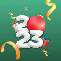 3d vector Happy New Year 2023 festive banner template greeting card design with red bauble, confetti and gift present