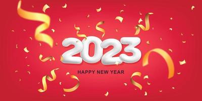 3d vector feliz año nuevo 2023 fondo rojo de vacaciones con decoración de navidad retorcida en oro diseño de plantilla de banner de confeti volador