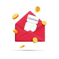 3d vector cartoon render holiday event white empty discount voucher sale coupon inside red envelope flying gold coins around design banner