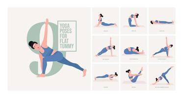 Posturas de yoga para barriga plana. mujer joven practicando pose de yoga. mujer entrenamiento fitness, aeróbicos y ejercicios. vector