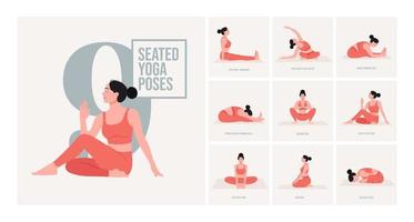 posturas de yoga sentado. mujer joven practicando pose de yoga. mujer entrenamiento fitness, aeróbicos y ejercicios. vector