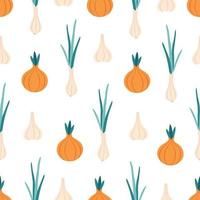 Onion, green onion and garlic seamless pattern. Vegetable seamless pattern. Flat, hand drawn texture for wallpaper, textile, fabric, paper. vector