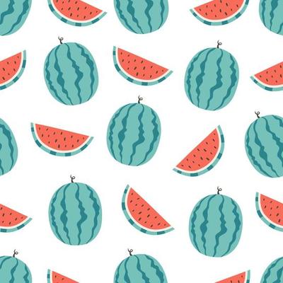 Fresh watermelon seamless pattern. Healthy and organic food. Flat, hand drawn texture for wallpaper, textile, fabric, paper.