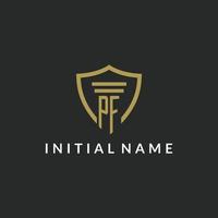 PF initial monogram logo with pillar and shield style design vector