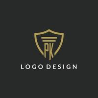 PK initial monogram logo with pillar and shield style design vector