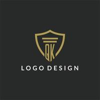 QK initial monogram logo with pillar and shield style design vector