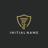 SF initial monogram logo with pillar and shield style design vector
