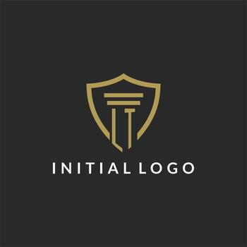LT initial monogram logo with pillar and shield style design vector