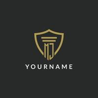 MJ initial monogram logo with pillar and shield style design vector