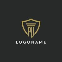 PU initial monogram logo with pillar and shield style design vector