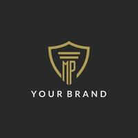MP initial monogram logo with pillar and shield style design vector