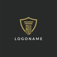 RU initial monogram logo with pillar and shield style design vector