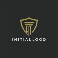 QT initial monogram logo with pillar and shield style design vector