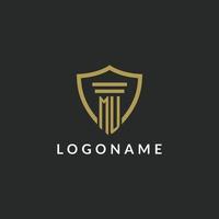 MU initial monogram logo with pillar and shield style design vector