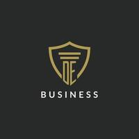 DE initial monogram logo with pillar and shield style design vector