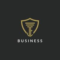 JE initial monogram logo with pillar and shield style design vector