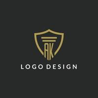 AK initial monogram logo with pillar and shield style design vector