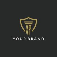XP initial monogram logo with pillar and shield style design vector